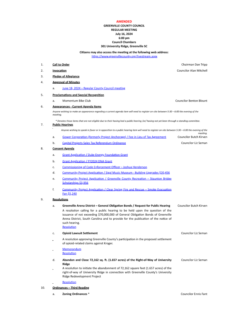 AMENDED - GREENVILLE COUNTY COUNCIL - REGULAR MEETING - 07-16-2024 - 6 pm_Page_1